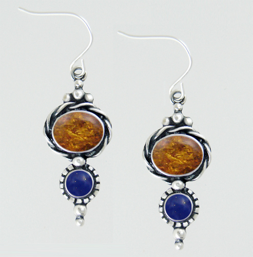 Sterling Silver Drop Dangle Earrings With Amber And Lapis Lazuli